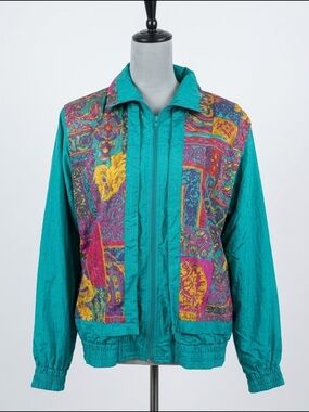 Teal Bomber Jacket with Multicolor Patterned‎ Panels